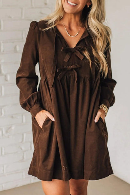 Coffee Bow Knot Front Long Sleeve Corduroy Mini Dress