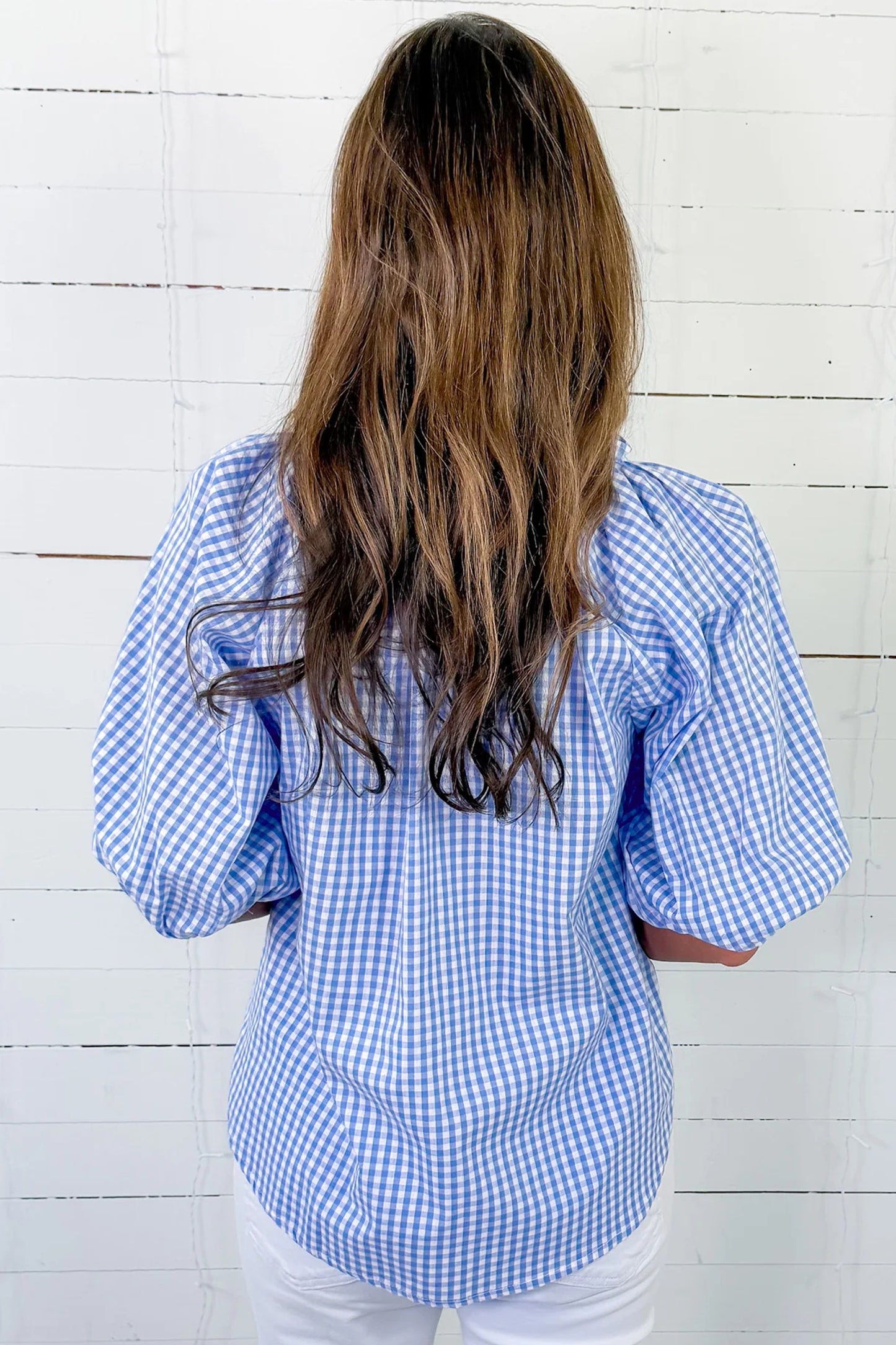 Sky Blue Summer Plaid V Neck Puff Sleeve Blouse