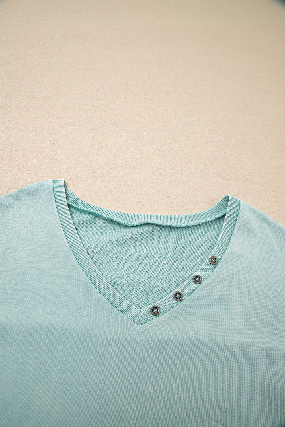 Mist Blue Mineral Wash Exposed Seam Buttoned V Neck Pullover Top