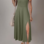 Four Leaf Clover Sleeveless Scoop Neck Flared Split Midi Dress