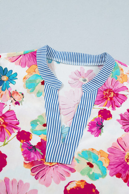 Beige Floral Print Short Puff Sleeve Striped Trim V Neck Blouse