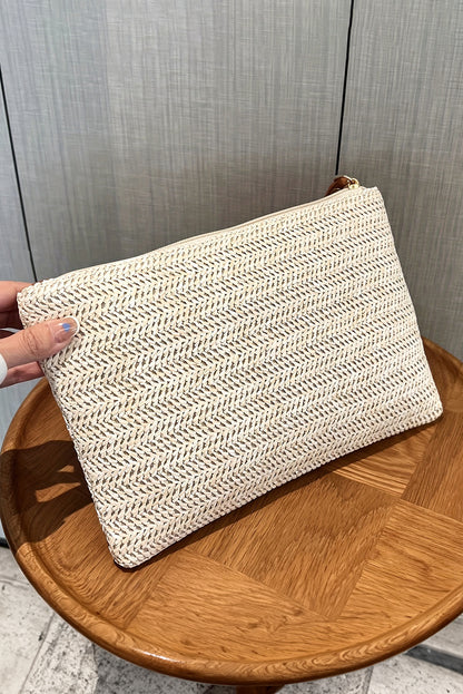 Oatmeal Straw Woven Wrist Strap Zipper Large Wallet