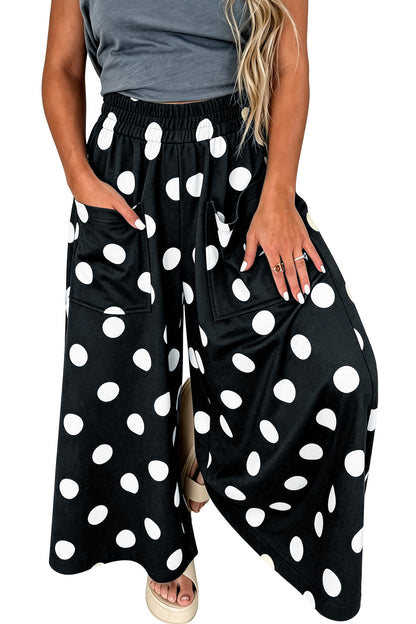 Black Polka Dot Wide Leg Elastic Waist Casual Pants