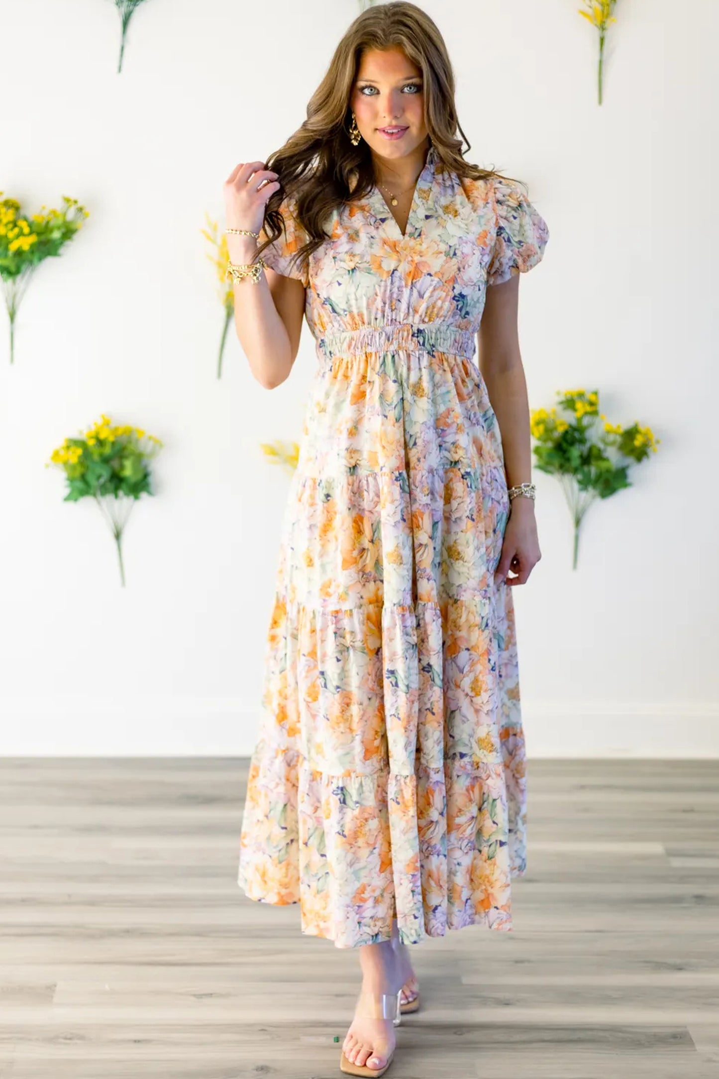Orange Floral Bubble Sleeve V Neck Flared Maxi Dress