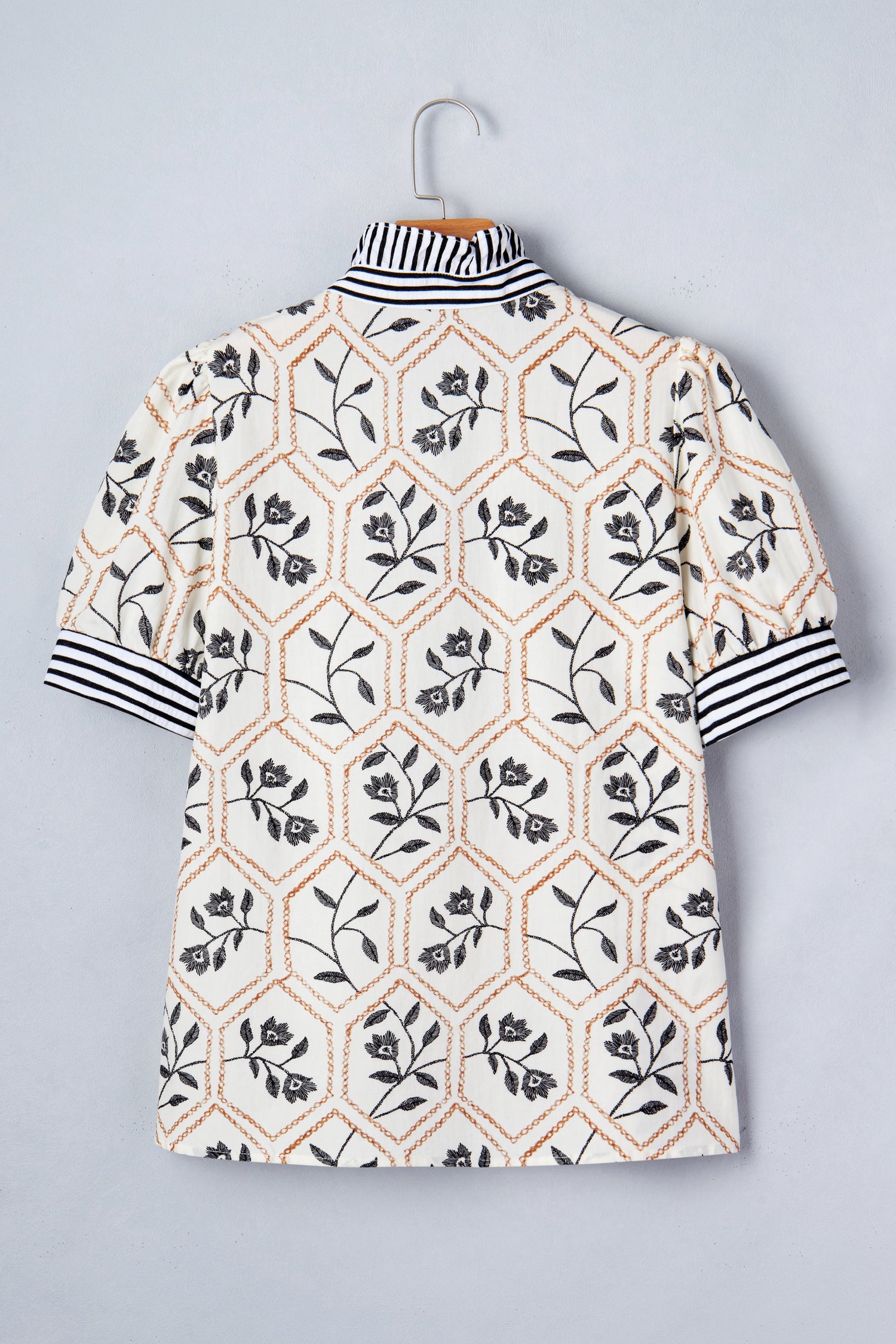 White Floral Print Striped Patchwork Button Neck Short Sleeve Blouse