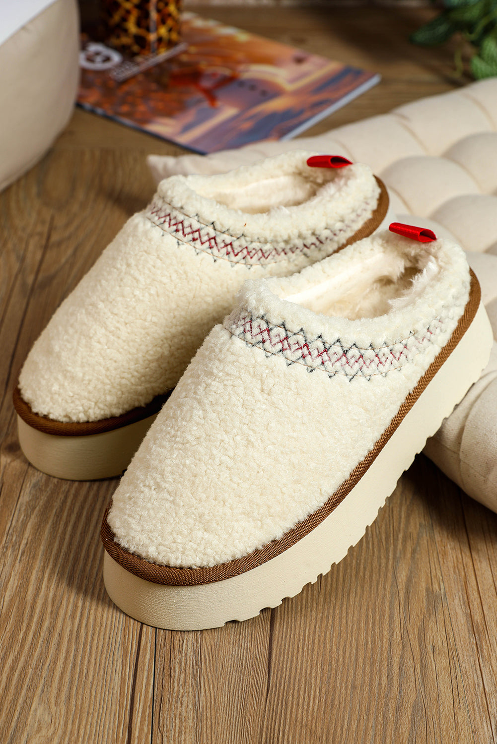 White Soft Plush Embroidered Detail Flat Platform Slippers