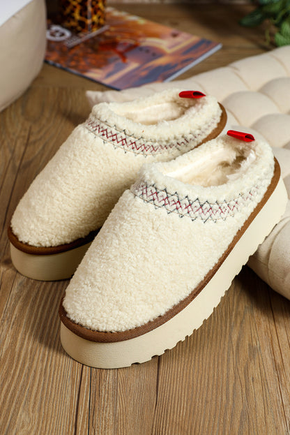 White Soft Plush Embroidered Detail Flat Platform Slippers