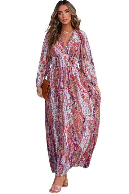 Robe longue taille empire à col en V et imprimé cachemire multicolore style bohème 