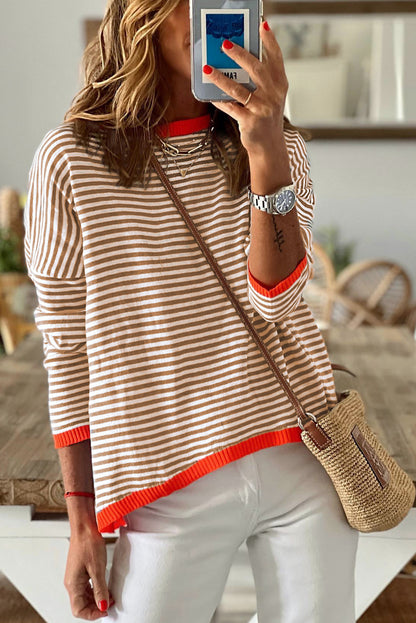 Brown Contrast Trimmed Striped Drop Shoulder Sweater