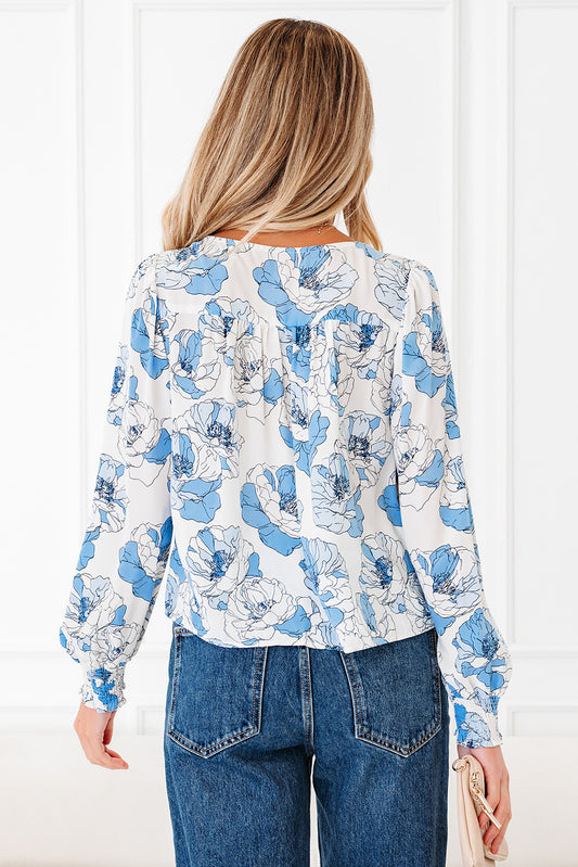 Sky Blue Floral Print Frilly Smocked Square Neck Long Sleeve Blouse