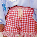 Red Gingham Print Ruffle Striped Detail Lace Tie Shorts