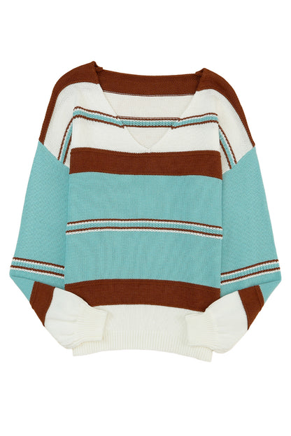 Peach Blossom Striped Pattern Knit V Neck Sweater