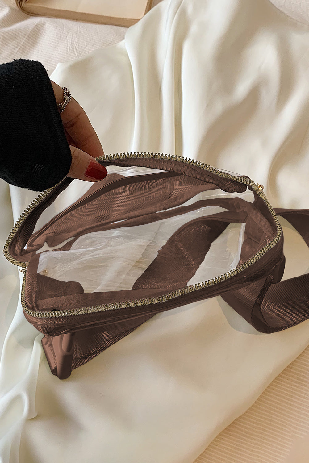 Sac banane transparent à bretelles réglables et fermeture éclair blanc brillant 
