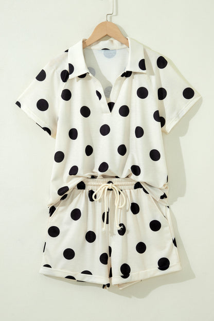 Green Polka Dot Print V Neck Tee Short Set