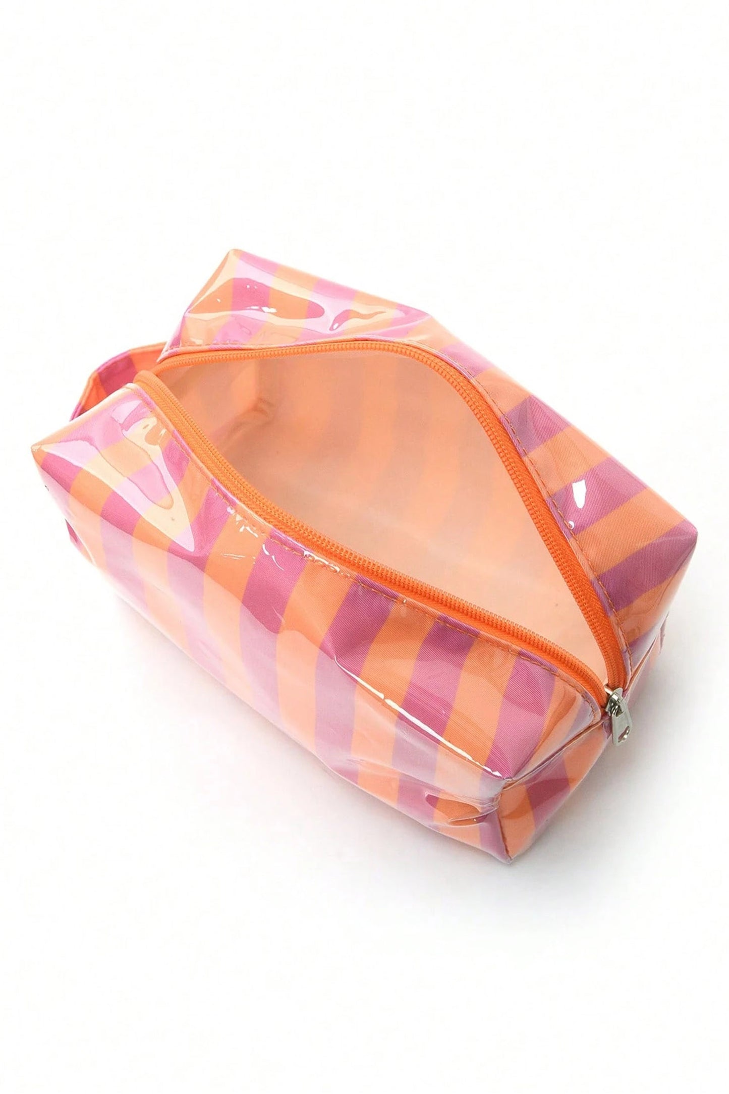Rose Red PVC Striped Cosmetic Bag Durable Zipper Handle Travel Organizer
