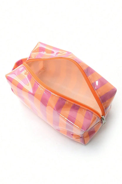 Rose Red PVC Striped Cosmetic Bag Durable Zipper Handle Travel Organizer