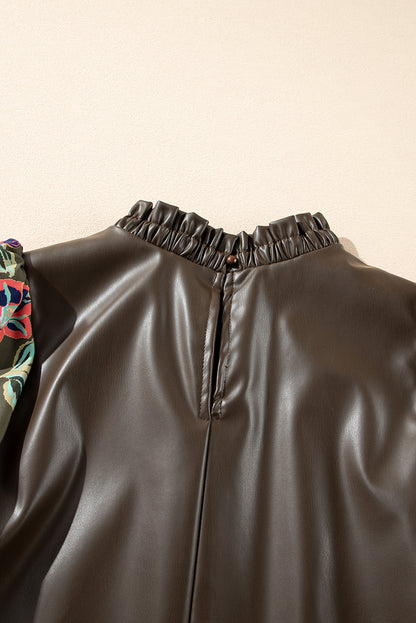 Chemisier à col rond et volants en similicuir à motif floral trèfle à quatre feuilles, manches bouffantes et patchwork