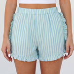 Sky Blue Stripe Elastic Waist Ruffle Trim Casual Shorts