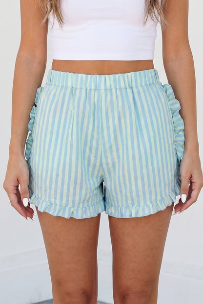 Sky Blue Stripe Elastic Waist Ruffle Trim Casual Shorts