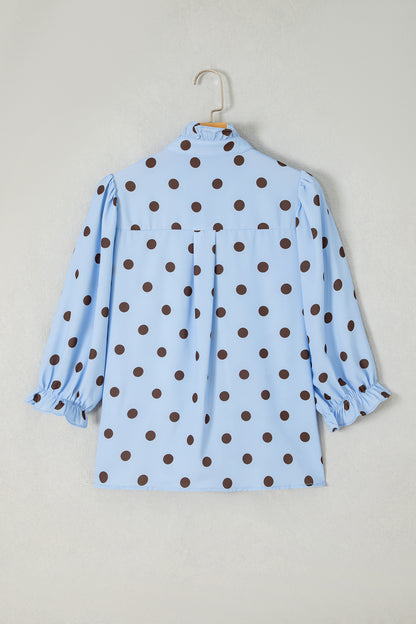 Sky Blue Polka Dot Striped Print Ruffle Stand Neck 3/4 Sleeve Shift Shirt