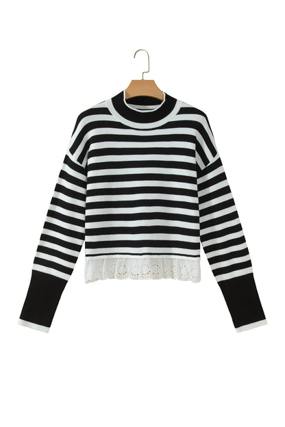 Black Striped High Neck Contrast Ruffle Detail Casual Sweater