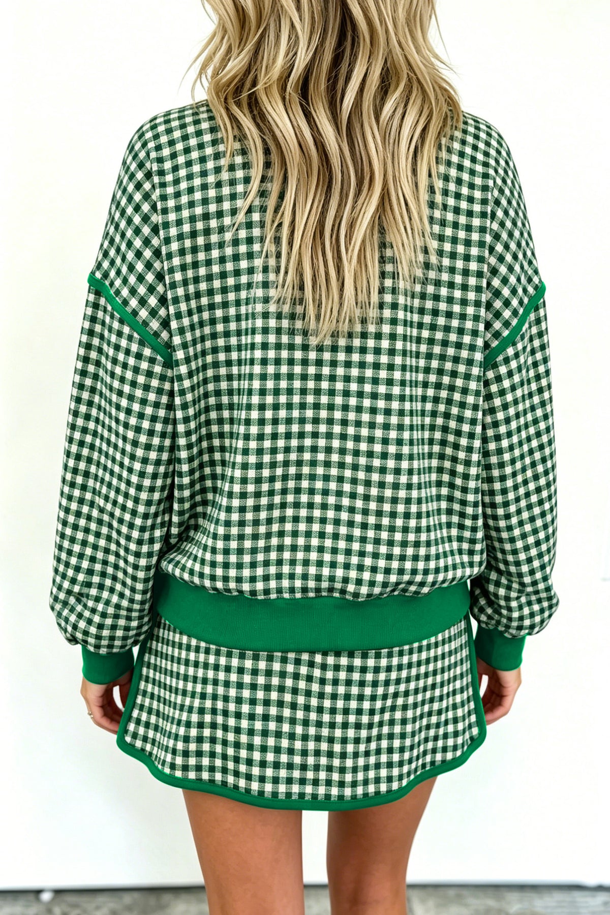 Green Gingham Oversized Ribbed Trim Crew Neck Long Sleeve Top and Skort Set