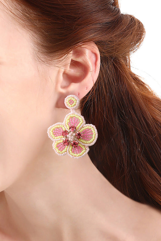 Apricot Pink Boho Beaded Floral Gem Earrings