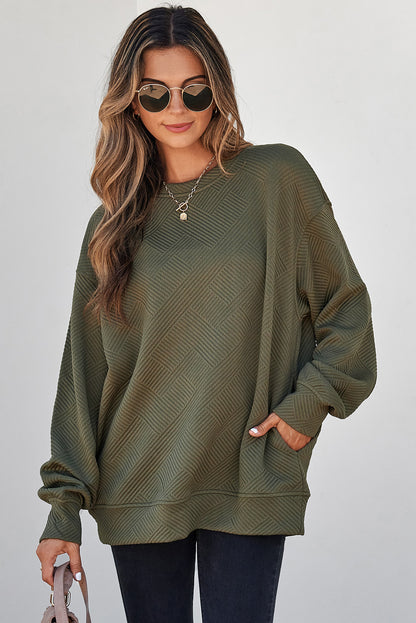 Jungle Green Solid Color Textured Round Neck Drop Shoulder Pullover Sweatshirt