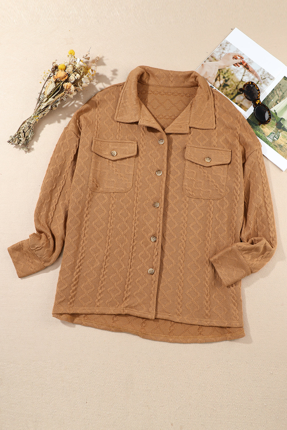 Veste-chemise à rabat en tricot torsadé camel 