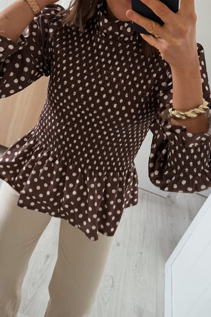 Brown Polka Dot Ruffled High Neck Shirred Ruffle Hem Blouse