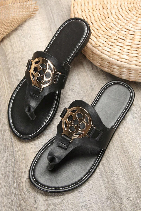 Black Metal Décor Leather Thong Slippers