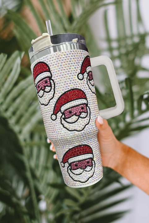 White Christmas Santa Claus Diamond Thermos Cup with Straw