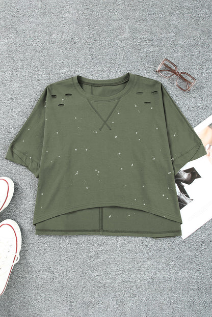 Haut à manches courtes et ourlet asymétrique délavé et vieilli