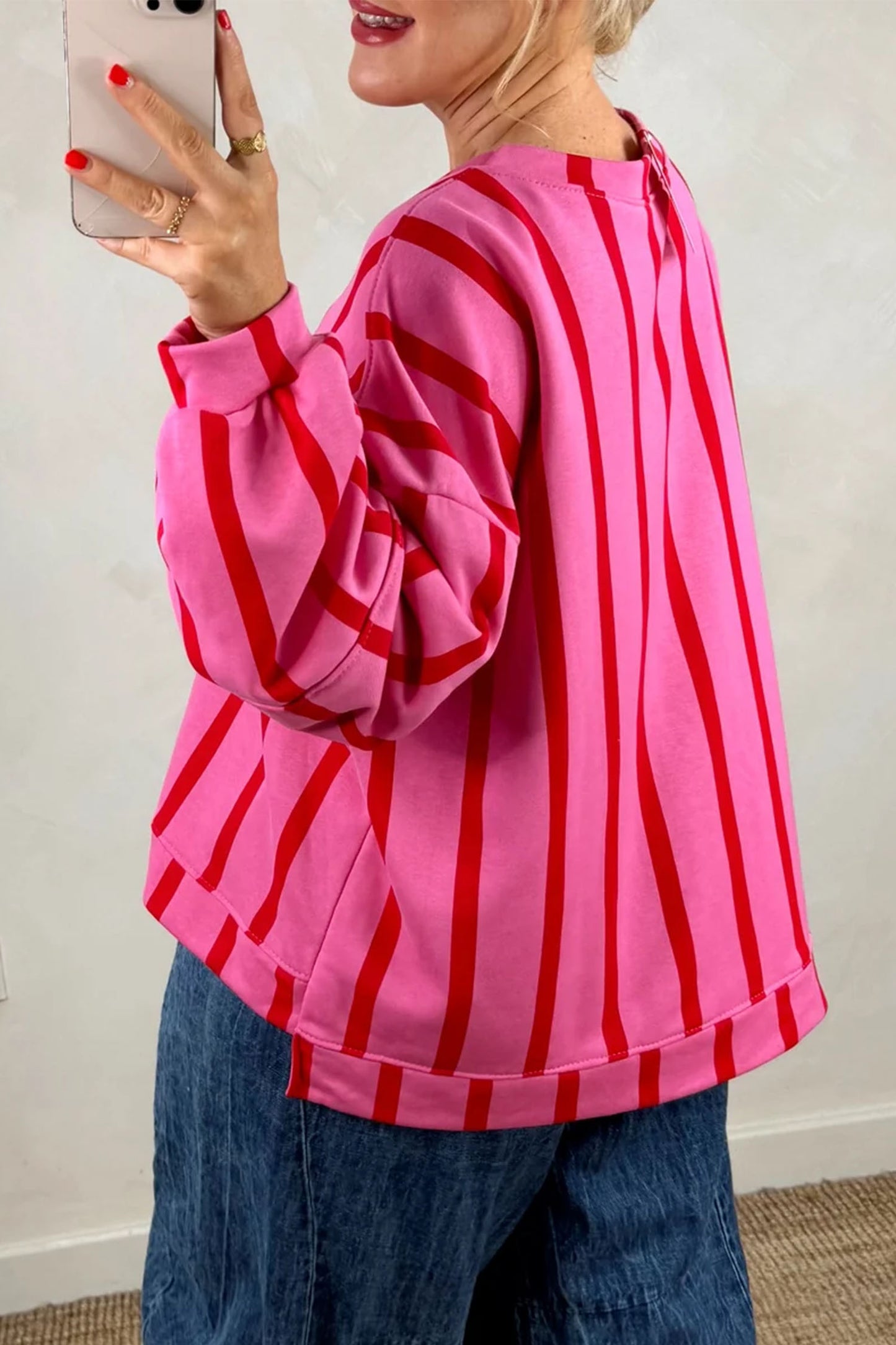 Red Stripe Dropped Shoulder Round Neck Casual Sweatshirt