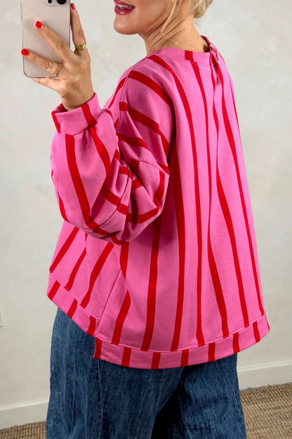 Red Stripe Dropped Shoulder Round Neck Casual Sweatshirt