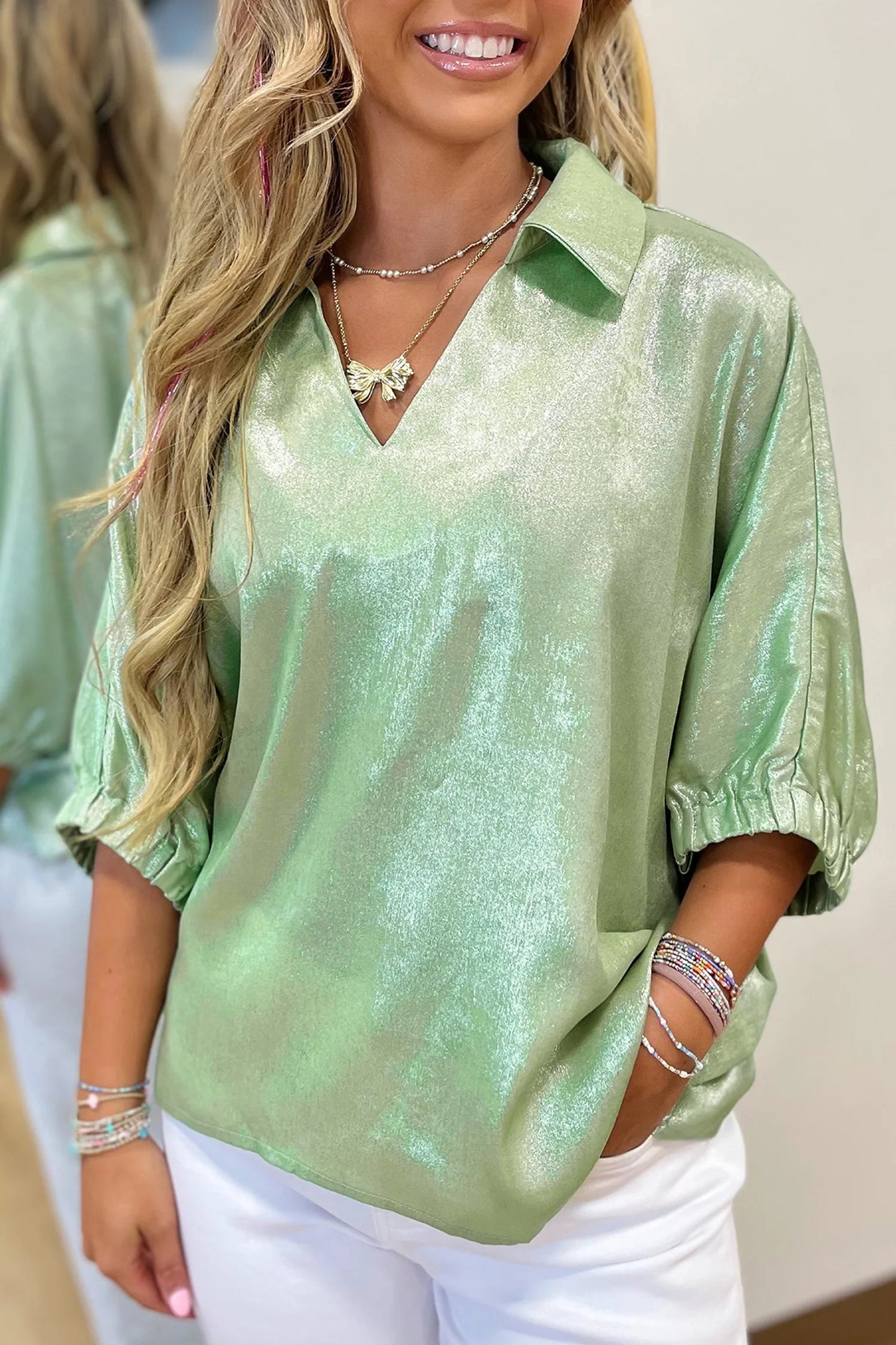 Clearly Aqua Collared V Neck Half Sleeve Metallic Top