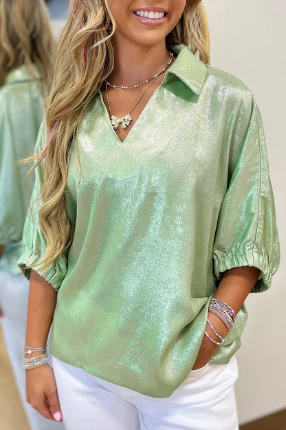 Clearly Aqua Collared V Neck Half Sleeve Metallic Top
