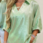 Clearly Aqua Collared V Neck Half Sleeve Metallic Top
