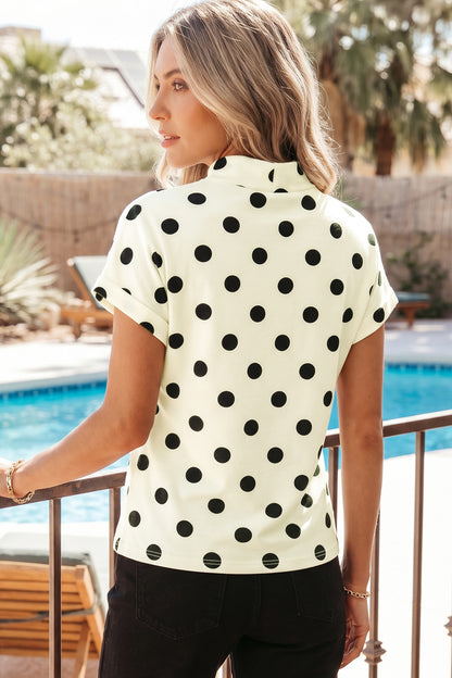 Beige Polka Dot Print High Neck Dolman Top