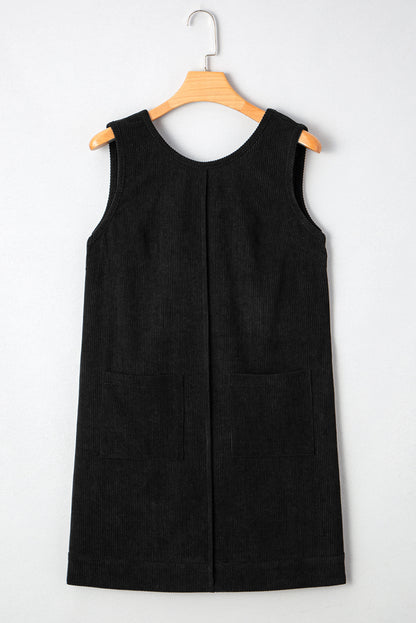Black Plus Size Corduroy Patch Pocket Sleeveless Mini Dress