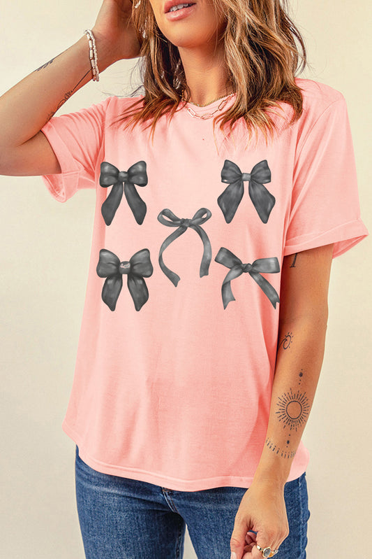 Pink Bow Knots Print Slim Fit Crew Neck T Shirt