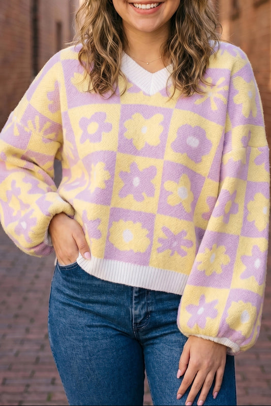 Multicolour V Neck Plaid Floral Long Sleeve Plus Size Sweater