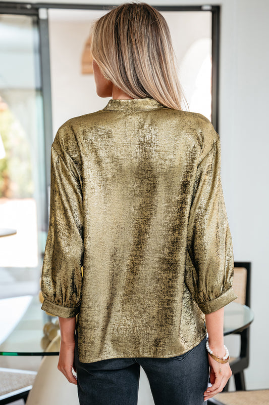 Gold Metallic Split Neck Half Sleeve Blouse