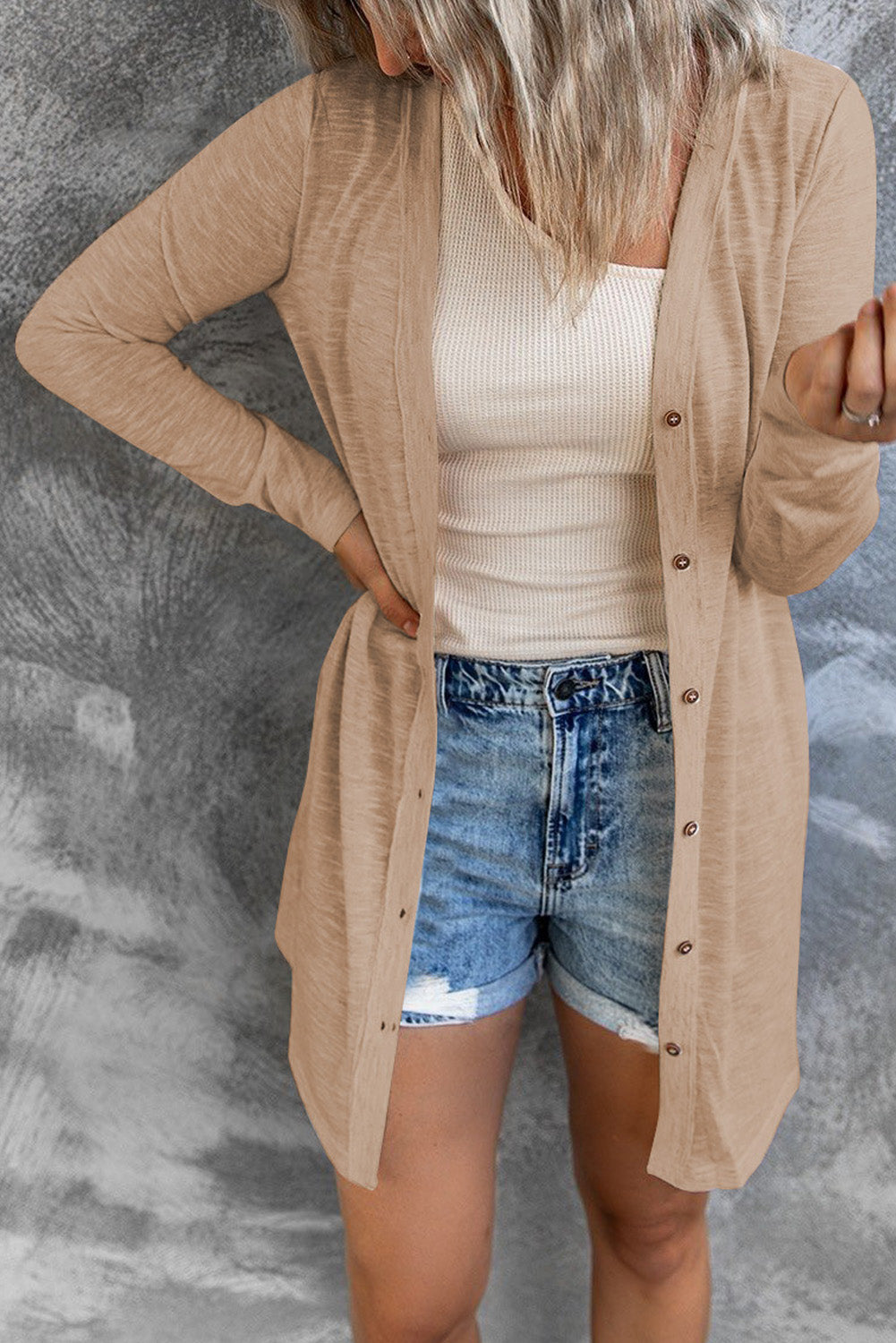 Cardigan ouvert à boutons de couleur unie beige