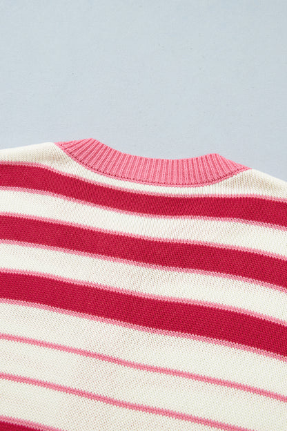 Red Stripe V Neck Long Sleeve Regular Fit Cardigan