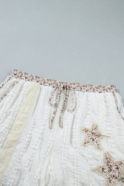 White Textured Lace Detail Floral Star Patch Drawstring Casual Shorts