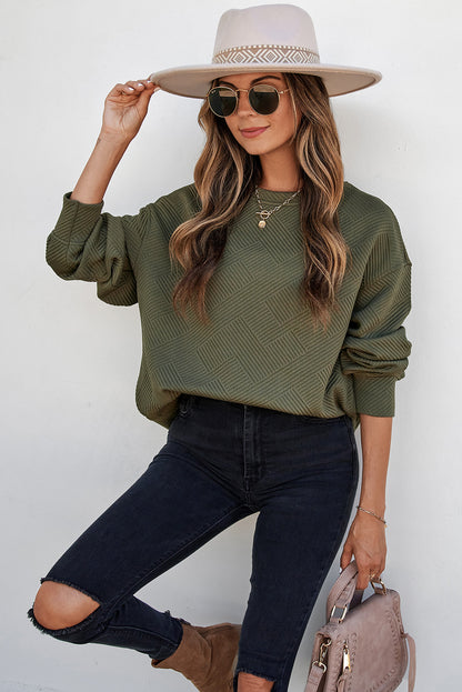 Jungle Green Solid Color Textured Round Neck Drop Shoulder Pullover Sweatshirt