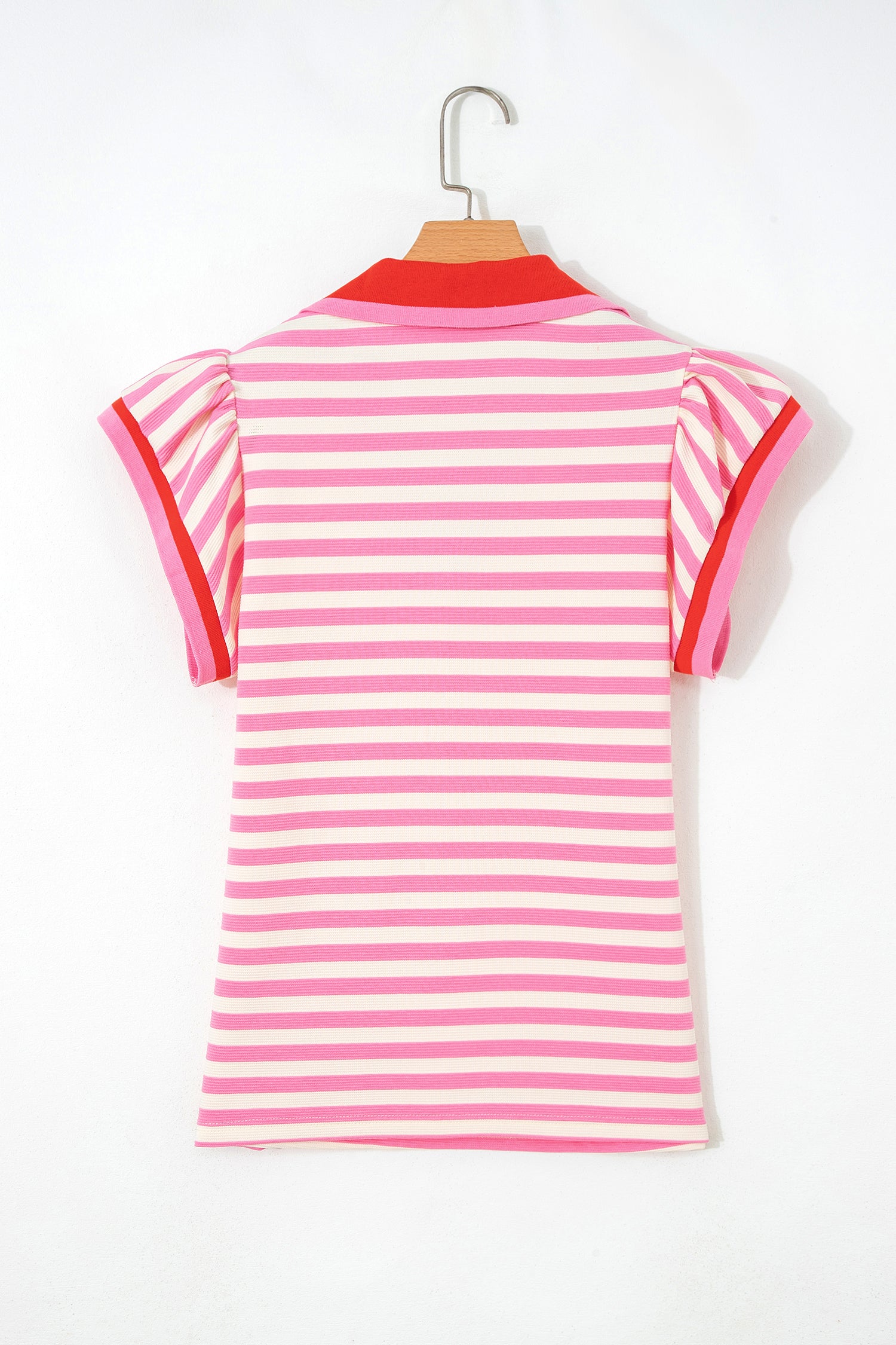 Pink Stripe Contrast Trim Polo Collar Ruffled Short Sleeve Blouse