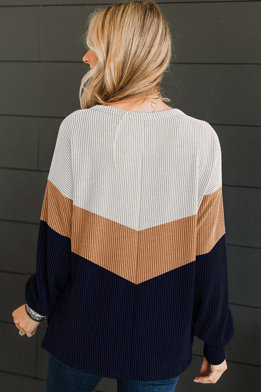 Navy Blue Color Block Corded Texture Long Sleeve Top