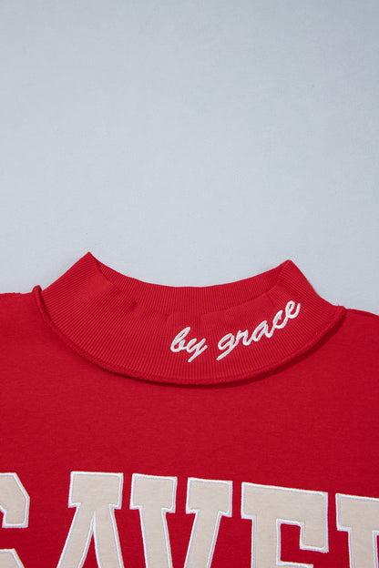 Fiery Red Saved By Grace Embroidered Detail Letter Graphic High Neck Sweatshirt